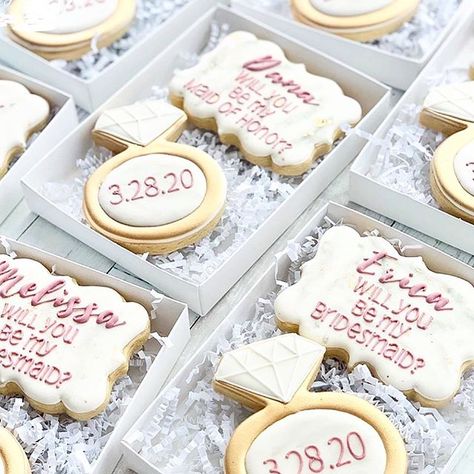 Will You Be My Bridesmaid? 💍 The Sweetest way to ask! @crumblecateringco these are perfection, thanks so much for sharing! #wehavethebestcustomers #decoratedcookies #ido WH15 and SC15    #Regram via @By3fHn5BcQa Will You Be My Bridesmaid Cookies Sugar, Bridesmaid Treat Boxes, Wedding Party Proposal Cookies, Cookies Bridesmaid Proposal, Bridal Party Cookie Proposal, Bridesmaids Proposal Cookies, Maid Of Honor Cookies, Bridal Proposal Cookies, Bridal Party Proposal Cookies