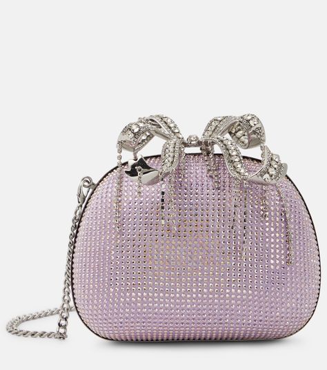 The Bow Embellished Satin Clutch in Purple - Self Portrait | Mytheresa Bright Bag, Rattan Handbags, Bow Clutch, Satin Clutch, Embellished Clutch, Rhinestone Clutch, Popular Handbags, Transparent Bag, Beaded Handbag