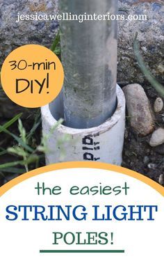 String Light Poles, Backyard String Lights, Backyard Fire Pit, Diy String Lights, Diy Outdoor Lighting, Patio String Lights, Light Pole, Backyard Lighting, How To Hang