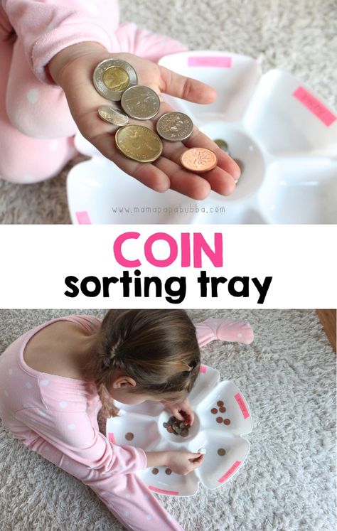 Coin Sorting Tray - Mama.Papa.Bubba. Money Games For Kids, Math Stem Activities, Coin Sorting, Fun Kids Activities, Childhood Activities, Teaching Money, Early Childhood Activities, Spring Kindergarten, Learn Through Play