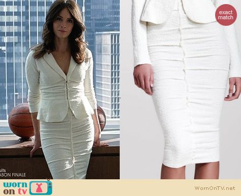 Dana’s white tweed skirt on Suits.  Outfit Details: http://wornontv.net/30560/ #Suits Dana Scott Suits, Business Dress Code, Suits Show, Office Fits, Suits Tv Shows, Suits Series, Abigail Spencer, Conservative Fashion, Pencil Skirt Work