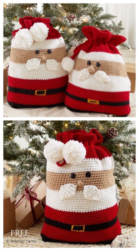 Christmas Santa Gift Bag Free Crochet Patterns Crocheted Santa, Christmas Crochet Patterns Free, Crochet Christmas Gifts, Crochet Santa, Confection Au Crochet, Crochet Xmas, Crochet Christmas Decorations, Christmas Patterns, Holiday Crochet