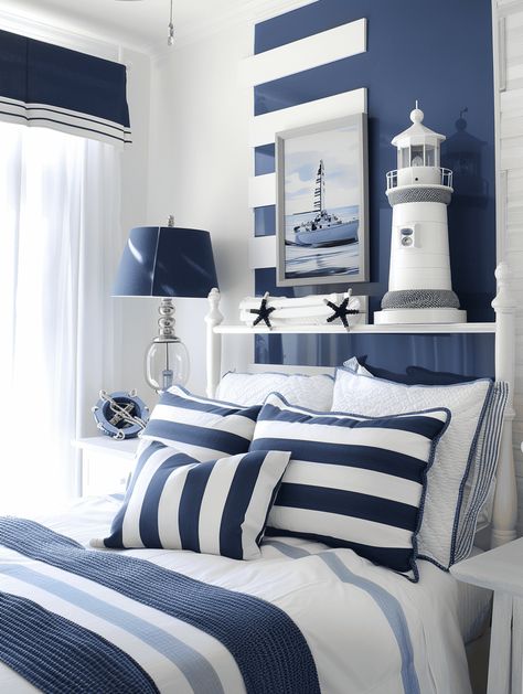 43 Nautical Bedroom Ideas That Will Bring Out The Sailor In You Nautical Room Ideas, Nautical Living Room Ideas, Nautical Bedroom Ideas, Beach Bedroom Ideas, Sea Of Tranquility, Nautical Room, Blue And White Pillows, Nautical Bedroom, Boat Model