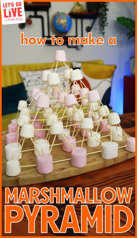 This experiment is all about making a marshmallow pyramid, whilst learning about the pyramids, engineering, and geometry! Click through to our website for a kit list, method steps, curriculum links, and a video guide! We used this activity for our 'Ancient Egypt' theme on Let's Go Live (our live family science show on YouTube). #education #science #scienceforkids #engineering #invention #scienceactivityforkids #ancientegypt #pyramid #marshamallowpyramid Egypt Science For Kids, How To Create A Pyramid, Ancient Egypt Science, Ancient History Crafts, Ancient Egypt Pyramids Project, Egypt Crafts For Preschool, Ancient Egypt Activities Middle School, Pyramid Activities For Kids, Egyptian Activities For Kids