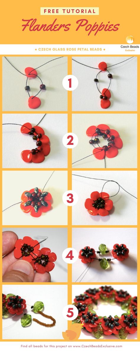 Free Tutorial - Czech Glass Rose Petal Beads - FLANDERS Poppies Beaded Poppy Pattern Free, Beaded Poppy, Poppy Tutorial, Rose Petal Beads, Czech Beads Jewelry, Free Beading Tutorials, Bead Flowers, Bead Weaving Tutorials, Premium Jewelry