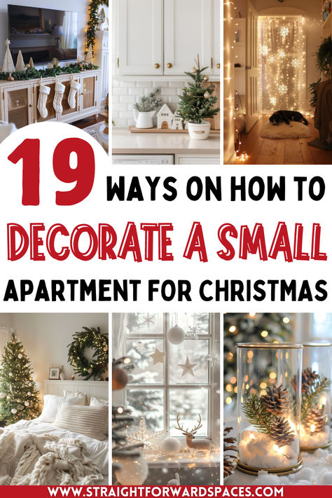 Festively decorated small apartment with a Christmas tree, holiday lights, and cozy decorations in the living room, hallway, and kitchen. Christmas Decor In Small Spaces, Small Hallway Christmas Decorating Ideas, Narrow Hallway Christmas Decor, Salt And Pepper Decor Ideas, Christmas Decor Ideas For Apartments Diy, Christmas Decor Ideas Condo, Decorate Hallway For Christmas, Christmas Ideas For Small Spaces, Christmas Decoration Small Space