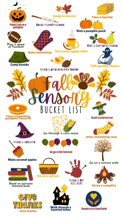 A list of fall sensory bucket list items with matching clipart-like images. Fall Activities For Kids 8-10, Harvest Activities, Monthly Ideas, Fall Sensory, October Activities, Fall Vacation, Warm Apple Cider, Elderly Activities, Fall Vacations