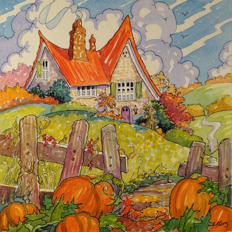 Autumn Cottage Two Autumn Drawing Ideas, Alida Akers, Autumn Drawing, Cottage Illustration, Autumn Cottage, Fall Drawings, Cottage Prints, Pumpkin Illustration, Postal Vintage