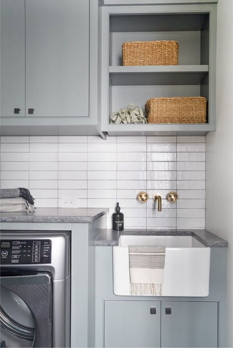 the laundry room we love to love! the backsplash, custom cabinetry, storage space - this really is our ideal place to handle all things laundry! #mgdxbainbridge - Mindy Gayer Design Co. Mindy Gayer Design, Transitional Laundry Room, Small Laundry Room Ideas, Grey Laundry Rooms, Laundry Room Ideas, Small Sink, Laundry Room Cabinets, Laundry Room Remodel, Laundry Closet