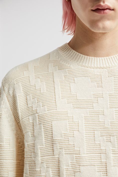 Transforming the logo into a textured pattern that resembles digital pixels, this sweater is understated yet fun. The wardrobe staple is crafted from wool with a classic crew neck silhouette. White Wool Sweater, Knitwear Pattern, Mens Knitwear, Knitwear Details, Cardigans For Men, Sweater Details, Fashion Knitting, Knit Wear, Guys Clothing Styles