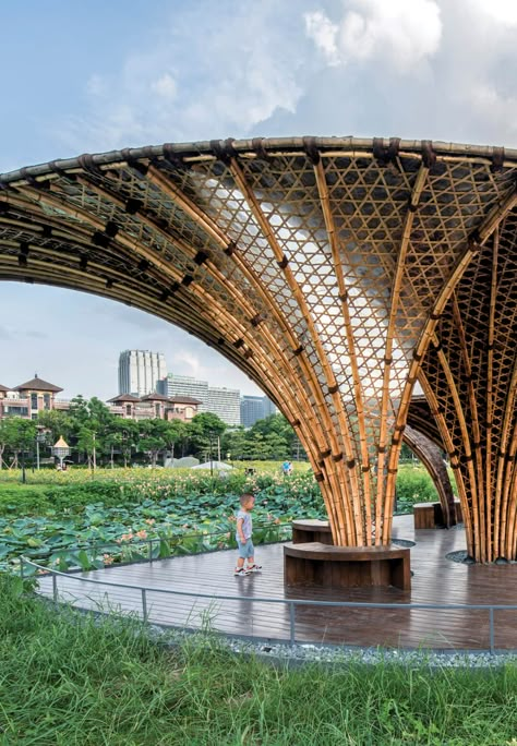 Atelier cnS designs swirling bamboo edifices at Flower Field Bamboo Pavilion Flower Architecture Design, Bamboo Architecture Design, Flower Pavilion, Bamboo Pergola, Bamboo Canopy, Bamboo Pavilion, Pavilion Ideas, China University, Bamboo Landscape