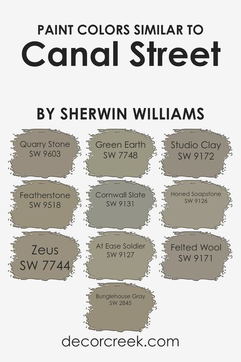 Colors like Quarry Stone, Featherstone, and Zeus blend seamlessly from Sherwin Williams. Quarry Stone grounds, Featherstone adds airiness, and Zeus intensity. Bunglehouse Gray introduces a blue-gray blend, while Green Earth brings calmness. Cornwall Slate exudes sophistication, At Ease Soldier offers tranquility, and Studio Clay adds depth. Honed Soapstone brings elegance, and Felted Wool warmth, offering endless possibilities for tailored spaces. Cornwall Slate, Home Paint Color, Sherwin Williams Gray, Living Room Murals, Exterior House Color, Green Earth, Color Sorting, Green Paint, Trim Color