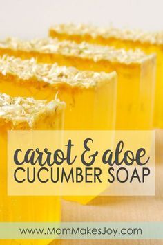 This carrot cucumber aloe soap is packed with antioxidant properties and is sure to leave your skin feeling clean and amazing! | DIY Bath and Body | Soap Making | How to make soap without lye | Melt and Pour Soap | Mom Makes Joy Homemade Hand Soap, Cucumber Soap, Aloe Soap, Carrot Soap, Coconut Shampoo, Soap Making Kits, Soap Making Recipes, Lemon Coconut, Soap Making Supplies