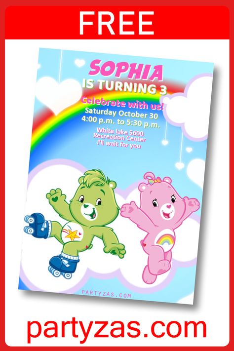 FREE CARE BEARS Invitation to Edit. Personalize Online this Care Bears Invitation Card to print or send by Whatsapp and email. Visit Partyzas.com to see more options. Bear Template, Care Bear Birthday, Ill Wait For You, Card Edit, Virtual Card, Bear Invitations, Bear Theme, Recreation Centers, Care Bear