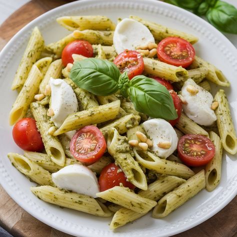 This Fresh Pesto Pasta Salad is the perfect dish for a light, delicious meal! 😍🌿 Ready in just 20 minutes! **Ingredients:** - 12 oz pasta (fusilli, penne, or your choice) - 1/2 cup basil pesto (homemade or store-bought) - 1 cup cherry tomatoes, halved - 1/2 cup black olives, sliced - 1/4 cup red onion, thinly sliced - 1/4 cup parmesan cheese, grated - 1/4 cup pine nuts (optional) - 1 tablespoon olive oil - Salt and pepper to taste **Directions:** 1. Cook the pasta according to th... Pesto Penne Pasta, Pasta Fusilli, Pesto Pasta Salad, Homemade Pesto, Black Olives, Basil Pesto, Penne Pasta, Pesto Pasta, Pine Nuts