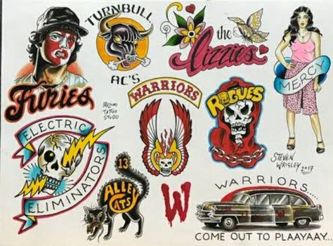 Movie Traditional Tattoo, The Warriors Tattoo Movie, The Warriors Tattoo, Warriors Tattoo, Traditional Tattoo Flash Sheets, Warrior Movie, Nerd Tattoo, Movie Tattoo, Traditional Tattoo Inspiration