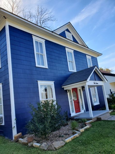 Royal Blue House Exterior, Bright Blue House Exterior, Blue House White Trim, Blue Home Exterior, Blue House Exterior, Red Door House, Magical Cottage, Cottage House Exterior, Red Front Door