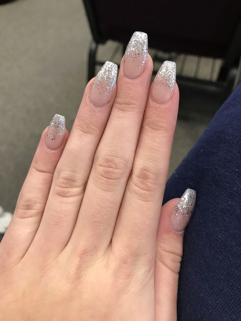 Silver Nails Square Short, Silver Sparkle Nails Coffin, Silver Nails Short Acrylic, Simple Silver Prom Nails, Simple Silver Glitter Nails, Silver Inspired Nails, Silver Glitter Fade Nails, Classy Nails Silver, Gel Nail Designs Silver