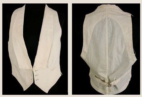 Edwardian white pique (marcella) waistcoat with square lapels. Note that it has holes for 3 waistcoat studs, rather than buttons. The back is made of a lighter fabric for comfort. 19th Century Mens Fashion, Masculine Elegance, 19th Century Men, White Dinner, Shirt Detail, Full Dress, Mens Vintage, White Tie, Textile Patterns