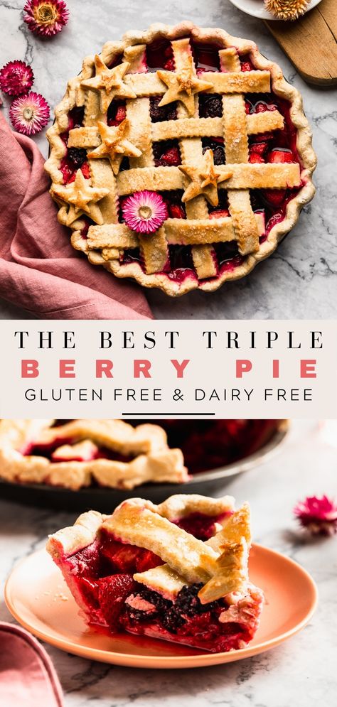 The best gluten free dairy free triple berry pie. Pie Recipes Gluten Free, Gluten Free Strawberry Pie Recipe, Gluten Free Berry Pie, Gluten Free Raspberry Pie, Gluten Free Dairy Free Pie Recipes, Gluten Free Berry Desserts, Dairy Free Gluten Free Pie, Gluten Free Dairy Free Dessert Easy, Gluten And Dairy Free Pie