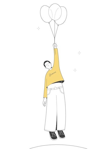 Vector young man flying with air balloon... | Premium Vector #Freepik #vector #people-sketch #illustration-people #flat-people #character-illustration Flying Person Drawing, People Character, Flying Balloon, Memories Book, Illustration People, Person Drawing, Outline Illustration, Vector People, Sketch Illustration