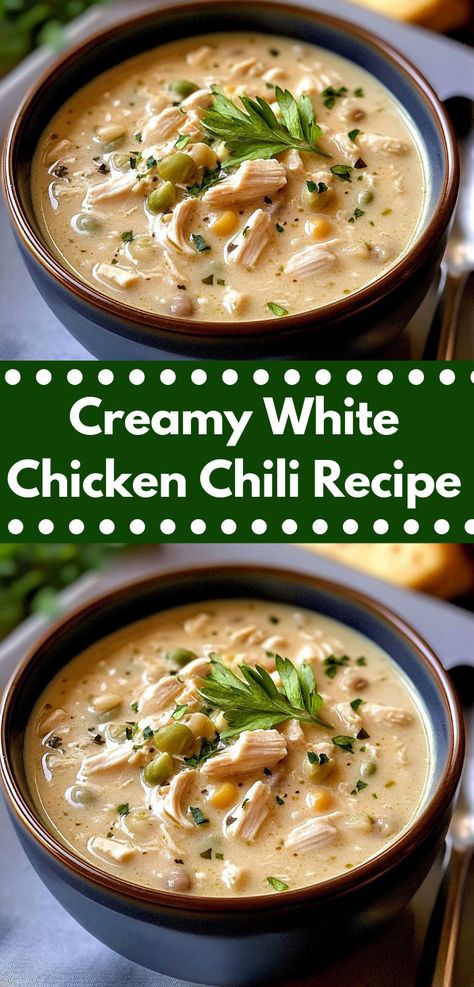 Want dinner recipes for family? This Creamy White Chicken Chili recipe is a winner! Creamy and comforting, it’s an easy chili recipe that’s great for healthy chicken recipes and dinner ideas. Creamy White Chicken Chili Recipe, White Chicken Chili Slow Cooker, White Chicken Chili Recipe, White Bean Chicken Chili, Creamy White Chicken Chili, Creamy Chicken Recipes, White Chili, White Chili Chicken Recipe, Chili Recipe Crockpot