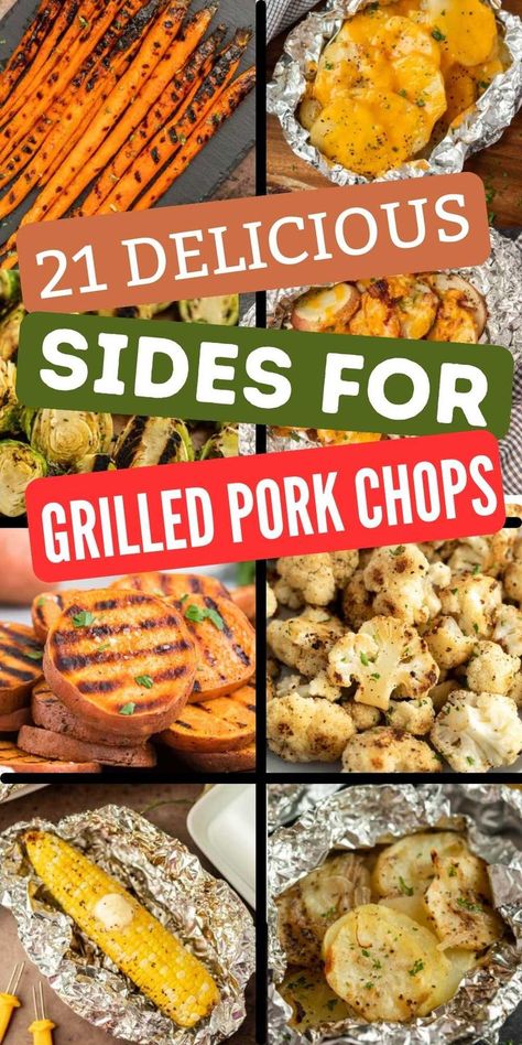 Grilled pork chops are probably one of the easiest meats to grill. These sides for grilled pork chops and made with simple ingredients. Delicious Grilled pork chops can be served with different sides, such as roasted vegetables, potatoes, or a fresh salad. #grillonadime #sidesforgrilledporkchops #porkchopssidedishes Meats To Grill, Pork Chop Side Dishes, Sides For Pork Chops, Best Grilled Pork Chops, Pork Side Dishes, Healthy Pork Chops, Pork Chop Recipes Grilled, Healthy Pork, Pork Chop Dinner