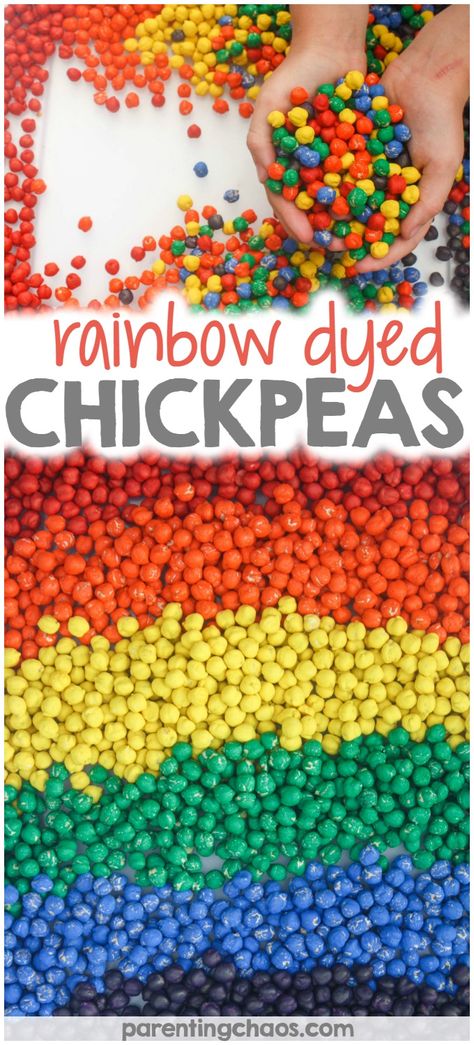 Food Art Projects For Kids, Dyed Chickpeas, Food Art Projects, Prek Sensory, Easy Sensory Bin, Preschool Sensory, Ideas For Food, Sensory Tubs, Sensory Tub