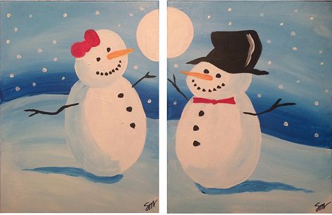 Couple Christmas Painting Ideas, Couples Christmas Painting Ideas, Couple Painting Ideas On Canvas, Couples Art Project, Couples Painting, Fun Paintings, Couples Canvas Painting, Snow Couple, Couples Art