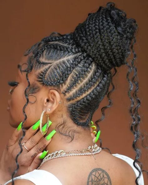 Braids With Curls Short, Bohemian Lemonade Braids, Crochet Updo, Braid Cornrow Hairstyles, Braided Bun Black Hair, Cornrow Ponytails, Bun Black Hair, Braiding Box Braids, Five Braids