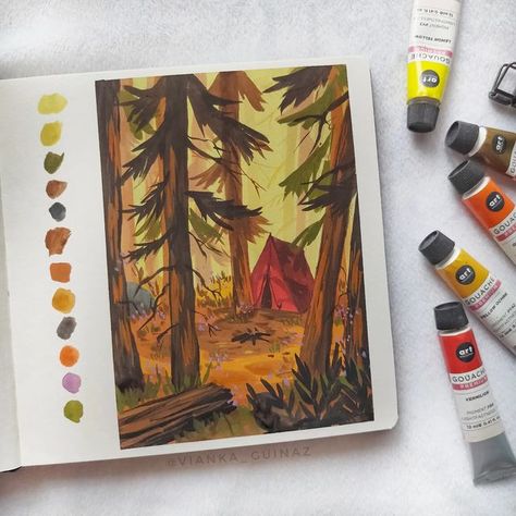 Vianka Guinaz, Forest Gouache, Camp Illustration, Gouache Ideas, Water Color Markers, Sketchbook Assignments, Cool Tapestries, Sketchbook Challenge, Forest Drawing