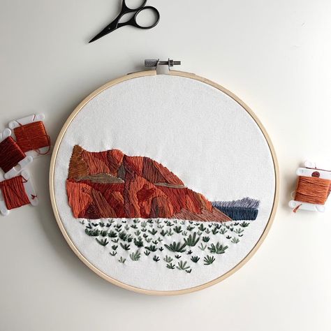 Snow Canyon, UT desert red rock embroidery Grand Canyon Embroidery, Desert Landscape Embroidery, Arizona Embroidery, Desert Embroidery, Rock Embroidery, Landscape Embroidery, Nature Cross Stitch, Flag Embroidery, Desert Art