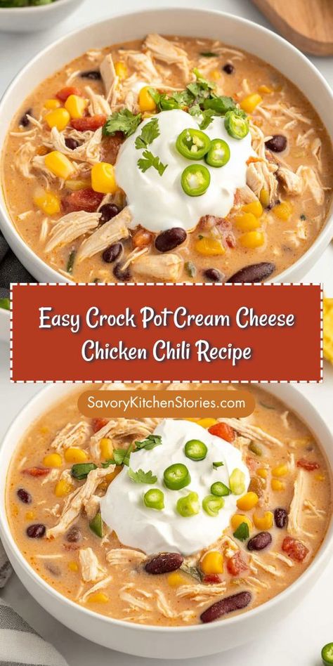 In need of a quick and delicious chili to warm your heart? This Easy Crock Pot Cream Cheese Chicken Chili Recipe is packed with flavor and requires minimal effort! Ideal for family dinners or game day. Save it now to keep this tasty recipe handy! Creamy Chicken Chilli In Crock Pot, Crock Pot Recipes With Cream Cheese, Cozy Chicken Crockpot Recipes, Salsa Chicken Crockpot Cream Cheese, Crockpot White Chicken Cream Cheese Chili, Easy Crockpot Cream Cheese Chicken Chili, Cream Cheese Chicken Chili Instapot, Quick Crockpot Chili Recipe, Creamy Chicken Chilli