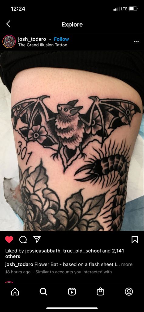 Traditional Bats Tattoo, Under The Knee Bat Tattoo, Bat Tattoo Feminine, Flower Bat Tattoo, Belly Tattoo Traditional, Gothic Trad Tattoo, Bat Tattoo On Knee, American Trad Bat Tattoo, Bat Knee Tattoo Traditional