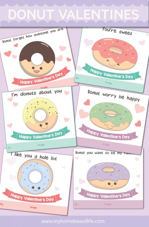 Free printable donut Valentine’s Day cards for kids. #valentinecards #freeprintable #valentinesday Donut Valentine Card, Donut Valentine Ideas, Valentine Card For Kids, Donut Valentine, Cookies Shop, Free Printable Valentines Cards, Valentine's Day Party Games, Day Date Ideas, Valentine's Day Games