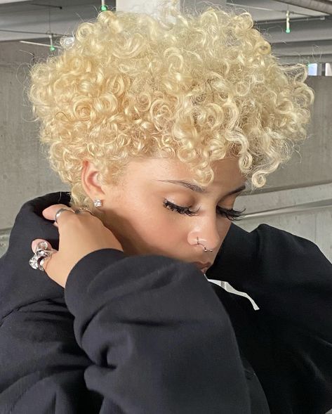 Dyed Natural Hair Short For Black Women, Blonde Natural Hair Short, Curly Pixie Hair Color Ideas, Layered Curly Pixie Haircut, Curly Big Chop Black Women, Short Curly Blonde Wig, Dyed Curly Blonde Hair, Colored Big Chop, Blonde Short Hair On Black Women