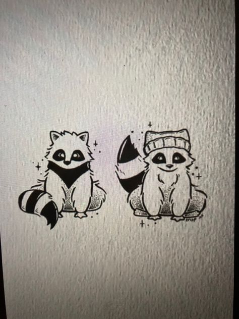 Raccoon With Knife Tattoo, Raccoon Outline Tattoo, Cat And Raccoon Drawing, Raccoon And Possum Tattoo, Raccoon Line Art, Cute Raccoon Drawing Simple, Simple Raccoon Tattoo, Matching Raccoon Tattoo, Racoon Tattoo Simple