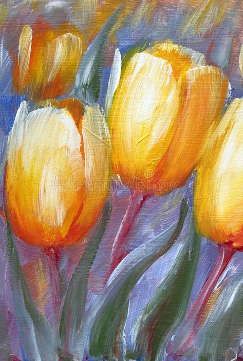 Yellow Tulips Painting Acrylic, Tulips Abstract Painting, Yellow Tulips Drawing, Tulips Painting Acrylic, Paintings Of Tulips, Yellow Tulips Painting, Spring Painting Ideas On Canvas, Tulips In Garden, Tulip Acrylic Painting