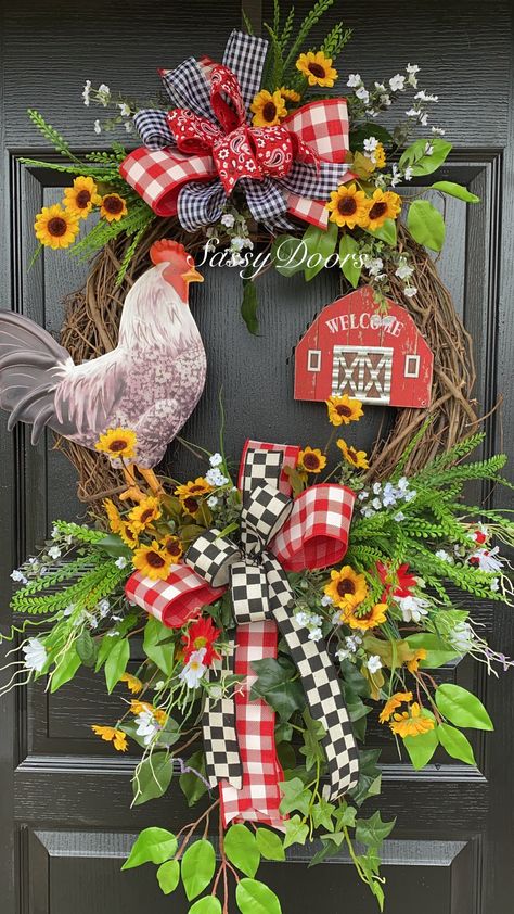 Rooster Decor Farmhouse, Rooster Wreath, Farmhouse Wreaths, Burlap Flower Wreaths, Fall Decor Wreaths, Floral Door Wreaths, Christmas Wreaths Ideas, Easter Spring Wreath, Metal Rooster