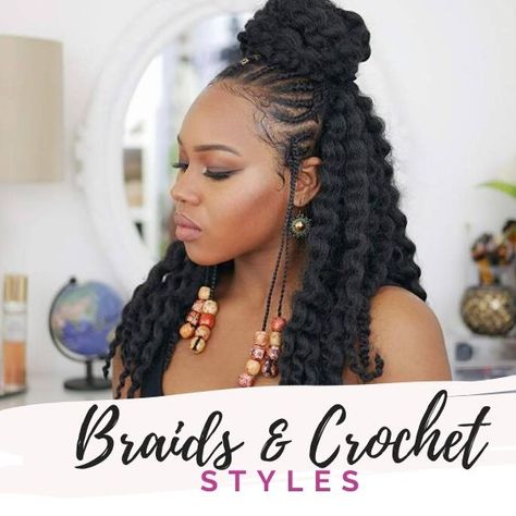 One of my favourite styles is the crochet mambo twist; there are so many different variations to this style.  However, the half up half down Fulani crochet twist out is one of the most highly requested tutorials. Half Cornrows Half Curly Weave Tutorial, Half Up Crochet Hairstyles, Half Up Half Down Crochet Braids, Fulani Half Up Half Down, Half Up Half Down Crochet Styles, Crochet Hairstyles Half Up Half Down, Half Crochet Half Braids, Fulani Crochet, Half Cornrows Half Crochet