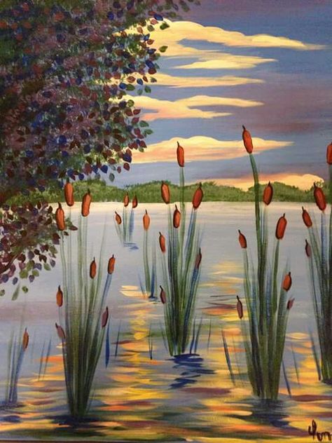 Greenery Painting Ideas, How To Draw Cat Tails, Cattail Painting, Cattails Watercolor Paintings, Watercolor Cattails, Paintings Of Cattails, Cat Landscape Painting, Pond Landscaping Painting, Cat Tails