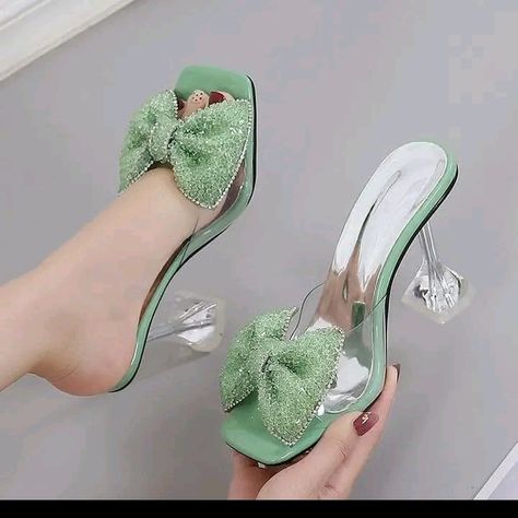 Bow Slippers, Glass Glue, High Heel Dress Shoes, Square Toe Shoes, Shoes Outfit Fashion, High Heel Slippers, Shoes Heel, Open Toe High Heels, Slippers Shoes