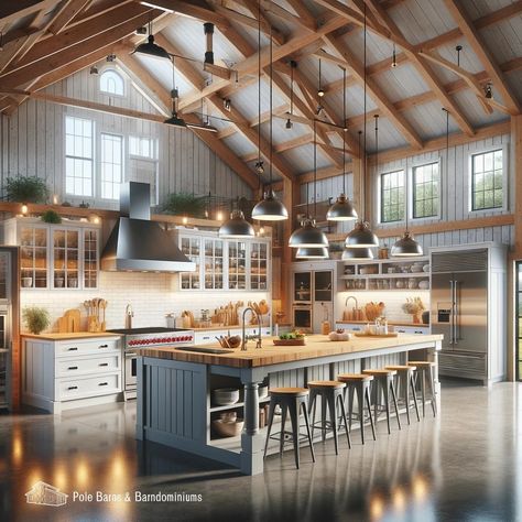 Kitchens In Barndominium, Farm Style Barndominium, Barndo Loft Ideas, Barndominium Big Windows, Mini Barndominium Interior, Interior Of Barndominium, Single Story Barndominium Interior, Coastal Barndominium, Basic Barndominium