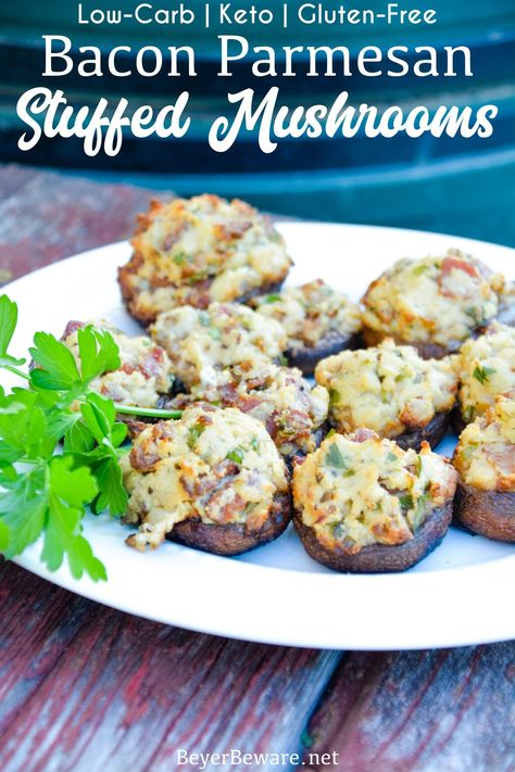 Bacon parmesan stuffed mushrooms are a gluten-free stuffed mushroom recipe is low-carb, filled with bacon, cheese, garlic, onions, and herbs that can be grilled or baked. Parmesan Stuffed Mushrooms, Grilled Stuffed Mushrooms, Gluten Free Stuffed Mushrooms, Bake Meals, Low Carb Stuffed Mushrooms, Stuffed Mushroom Recipe, Mom Meals, Grilled Bacon, Cut Carbs