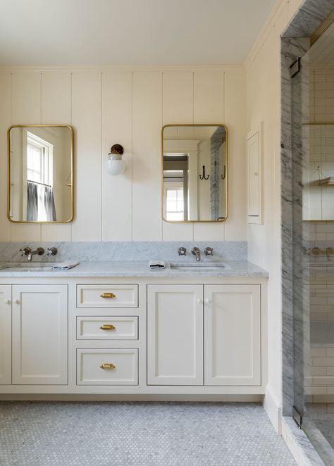 Nicole Cohen’s Latest Design Project Embodies “Coastal Grandmother” Vibes | Rue Off White Bathroom, Sofa Reupholstered, Shingle Style Homes, Cottage Bathroom, Coastal Grandmother, Tile Inspiration, Bathroom Renos, Tongue And Groove, Shower Design