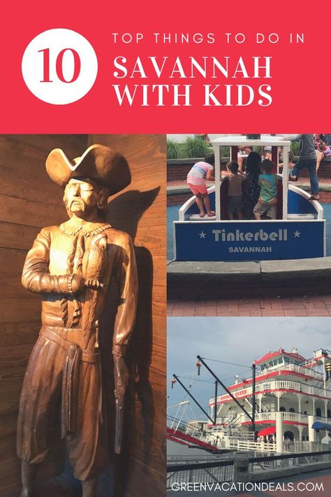 Planning a trip to Savannah Georgia with children & not sure if there are enough fun things for kids to do? Read our handpicked 10 activities to find great travel excursions your son or daughter will love! Find out about helicopter tours, riverboat & dolphin watch cruise, horseback riding trails, scavenger hunts, Pirate House, play areas, children's museum, laser tag, mini-bowling, huge inflatables, arcade games, Tybee Island beach & more #Savannah #travelwithkids #familytravel #familytraveltips Savannah Georgia With Kids, Savannah Georgia Vacation, Savannah Georgia Travel, Georgia Vacation, Visit Savannah, Georgia Travel, Vacation Deals, Tybee Island, Family Travel Destinations