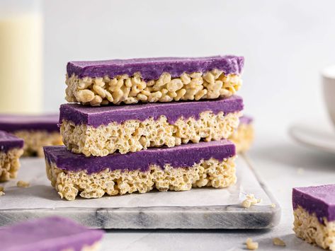 Ube Butter, Ube Desserts, Rice Bars, White Chocolate Bars, Crunchy Rice, Ube Halaya, Chocolate Puff, Ube Recipes, Vegan White Chocolate