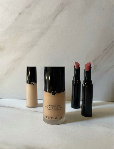 Armani beauty makeup products professional photo of products flat lay beautiful packaging chic design foundation concealer lip stick red black Armani Beauty Aesthetic, Product Flatlay, Giorgio Armani Makeup, Armani Makeup, Filler Photos, Giorgio Armani Beauty, Luminous Silk Foundation, Flawless Foundation, Armani Beauty