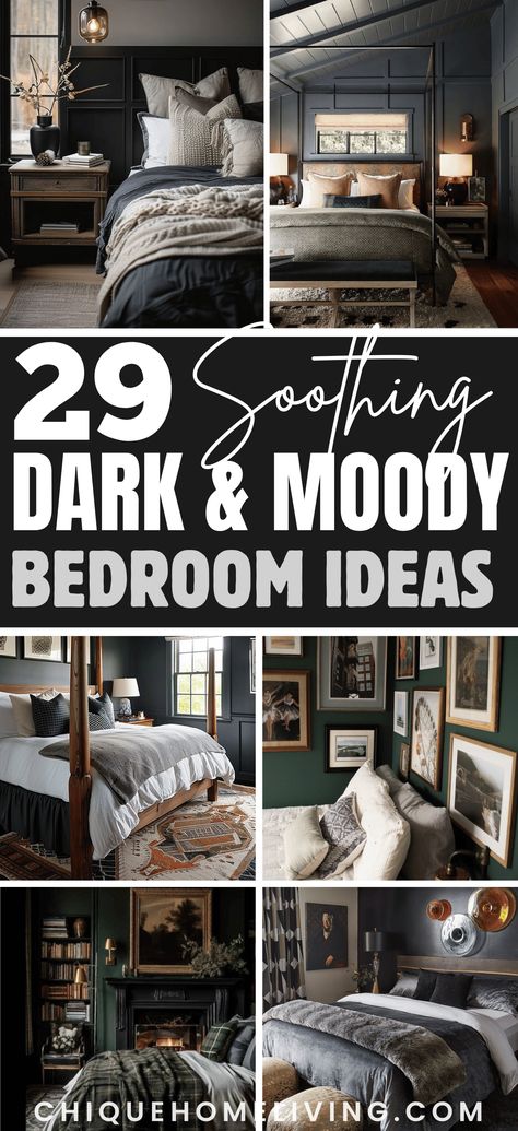 Small Dark Grey Bedroom, Cozy Main Bedroom Ideas, Bedroom Painting Inspirations, Dark Moody Master Suite, Gray Primary Bedroom, Dark Master Bedrooms Decor Modern, Best Dark Colors For Bedrooms, Dramatic Bedroom Colors, Dark Elegant Bedroom Ideas