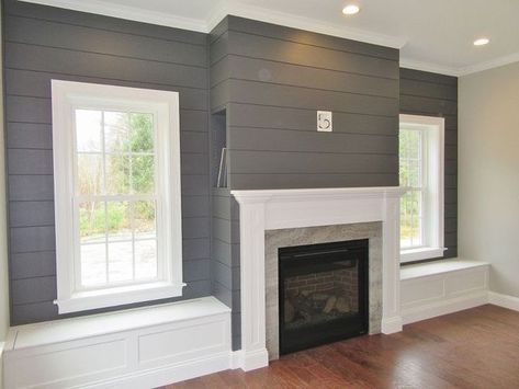 Ship lap along fireplace side Grey Paneling, Grey Shiplap, Fireplace Shiplap, Gray Shiplap, Window Seating, Tv Cords, Ship Lap, Shiplap Fireplace, Bench Storage